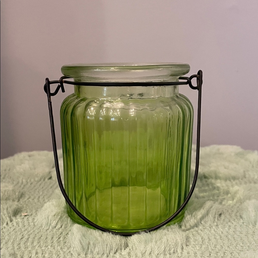 Green ribbed Glass Jar with Handle vintage piece